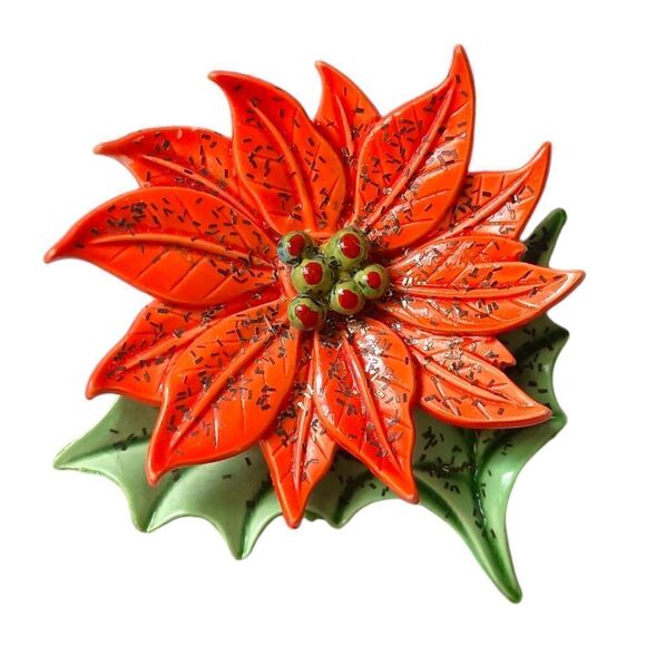 Vintage Poinsettia Brooch Pin Celluloid Plastic Christmas MCM Holiday Winter Red - Picture 8 of 14